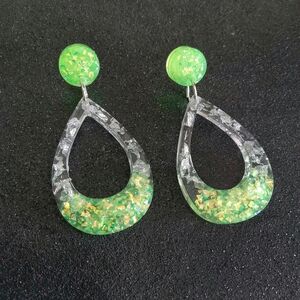 Neon yellow green iridescent glitter teardrop dangle earrings handmade resin new